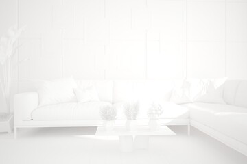 modern room with sofa,pillows,table and plant interior design. 3D illustration