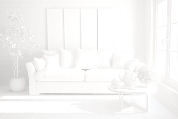 modern room with white sofa,pillows,table with tea set,plants interior design. 3D illustration