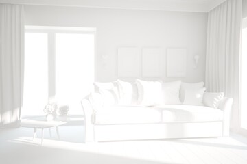 modern white room with sofa,pillows,frames,lamps,table,plants interior design. 3D illustration