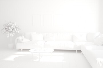 modern white room with sofa,pillows,plaid,table with tea set interior design. 3D illustration