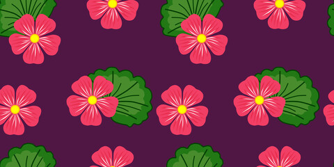 Seamless vector pattern. Bright pink mallows, roses, hibiscus, flowers and green leaves on a plain background. Perfect for summer collection of textile, clothes, package, wrapping paper design.

