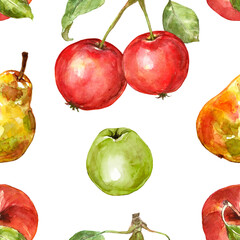 Watercolor apples and pears seamless pattern. Hand painted fresh ripe autumn seasonal fruits, isolated on white background. Fall harvest botanical print for design. Healthy food illustration.