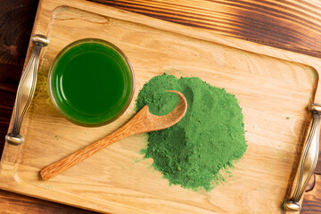 Chlorella or green barley. Detox superfood. Spirulina powder.
