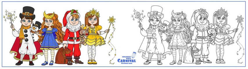 Obraz na płótnie Canvas Children in carnival costumes Christmas characters Santa Claus,Star, Christmas night, snowman color and outlined for coloring page
