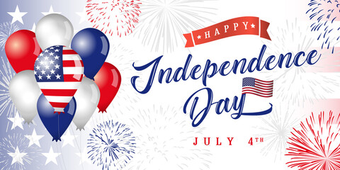 Naklejka na ściany i meble Happy Independence Day USA horizontal banner. Isolated abstract graphic design template. Red, blue, white colors. Calligraphic lettering. Decorative calligraphy, colorful congrats. Holiday background.