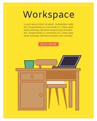 Workspace poster, office desk interior vector illustration.Business design furniture, room home space with computer at table. Creative flat banner, cabinet web concept and laptop monitor.