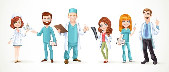 Large team of doctors in surgical suits and white coats isolated on white background. Doctor with a picture x-ray, a nurse with medicines, with a syringe, and with a history of the disease