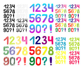 Set of colorful hand-drawn numbers from zero to nine. Vector illustration.
