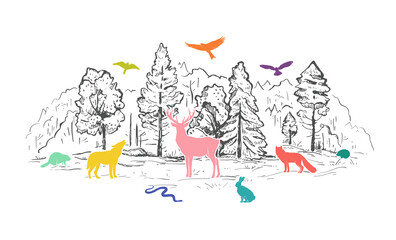 Sketch of a high mountain ranges with forest, river, sunrise or sunset. Landscape. Hand drawn color vector background.