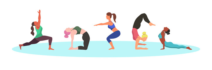 Set of characters - women doing yoga - flat vector illustration.