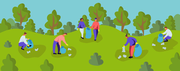 Fototapeta premium People Collecting Trash into Bags in forest. Pollution of forest with Different Kinds of Garbage. Volunteers Clean Up Wastes on forest edge. Ecology Protection Concept Cartoon Flat Vector Illustration