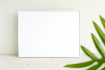 Fototapeta na wymiar White horizontal photo frame mockup and green palm leave, empty blank frame mock up.