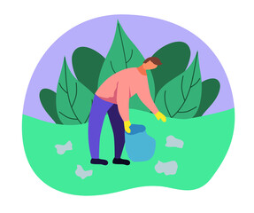 Man Collecting Trash into Bags in forest. Pollution of forest with Different Kinds of Garbage. Volunteer Clean Up Wastes on forest edge. Ecology Protection Concept Cartoon Flat Vector Illustration