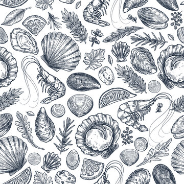 Seafood various seamless pattern. Shrimp, mussel, oyster, seashell, herbs. Vector illustration