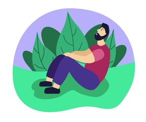 Sad young man sitting on the ground. A man crying. Upset boy looking down. Depression psychology concept. Flat character vector illustration.