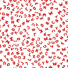 Seamless pattern letters of the English alphabet Christmas colors. Red letters on a white background. Vector illustration. Design, web banner, wrapping paper, postcards.