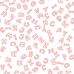 Seamless pattern letters of the English alphabet Christmas colors. Red letters on a white background. Vector illustration. Design, web banner, wrapping paper, postcards.