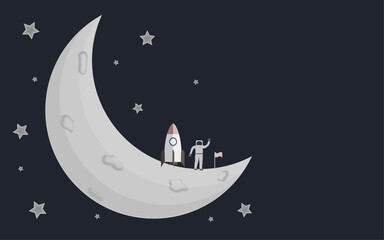 Astronaut in space suit standing on moon with flag. Space walk on lunar surface. Flat. Vector illustration.