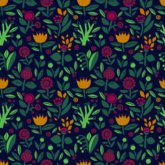 glade of flowers, decorative ornament with flowers, seamless vector pattern on a dark background