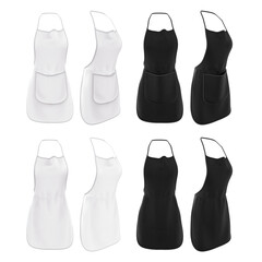 Set of kitchen aprons for the chef with and without pocket. Black and white color. Front and side, 3/4 view on the model. Blank template, mockup for branding, logo, design. 3d illustration uniform.