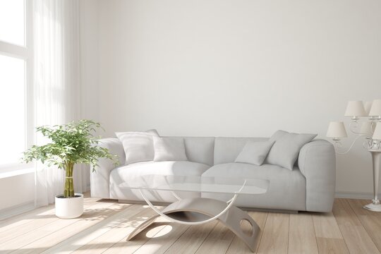 modern room with sofa,lamp and table interior design. 3D illustration