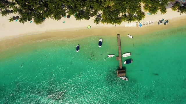 Flying on the Coast Line of the Ocean on the Drone. Amazing  Trou aux Biches, Mauritius