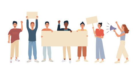 Fototapeta premium Diverse group of people protesting on the street. Male and female mix race multiethnic protesters holding blank placard banner, raised hand fist up and speaking in megaphone. Vector flat illustration.