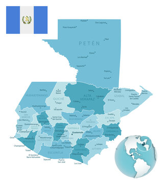 Guatemala administrative blue-green map with country flag and location on a globe.