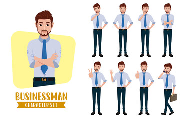 Business man character vector set. Businessman male characters office employee in standing with different pose and gestures for cartoon collection design. Vector illustration.