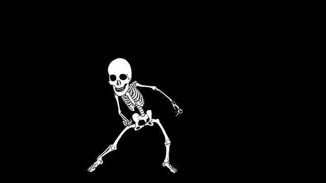 Seamless animation of a thriller dancing skeleton printed drawn style cartoon isolated with alpha channel. Funny halloween background with marker stroke effect in black and white.