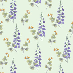Fototapeta na wymiar Wildflowers and herbs watercolor. summer time. Seamless floral watercolor pattern. For paper, cover, fabric, gift wrap, wall art, home decor. Simple vector surface pattern design