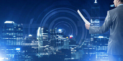 Digital background with infographs and man extending papers or contract