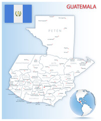 Detailed Guatemala administrative map with country flag and location on a blue globe.