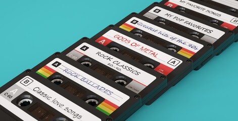 Various cassette tapes with retro recorded music.