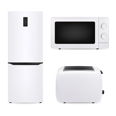 Set kitchen appliances isolated on a white background. Icons collection. Refrigerator, microwave, toaster in realistic style. Vector illustration 3D. Design elements.