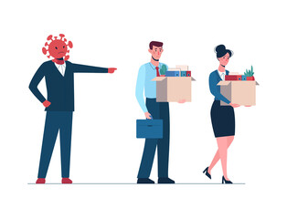 Coronavirus leaves a people without work. Fired man and women leaves the office with a box in his hands. Job loss due to virus covid-19, economic decline. Dismissed employees, unemployment. Vector