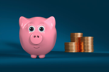 pink piggy bank and stack of gold coins isolated - thrifty concept