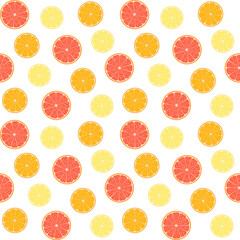 Colorful citruses, grapefruit, lemon and orange slices on a white background. Vector seamless pattern, design template for wallpaper, wrapping paper, packaging, printing on fabric, textile and clothes