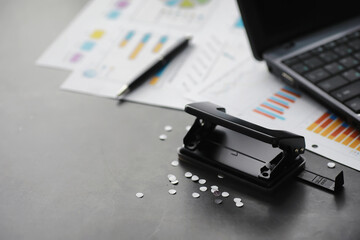 Fototapeta premium Working time symbolizes the desktop. Office desk with papers from an insurance manager and banker. Office worker at the table. The concept of lack of time.