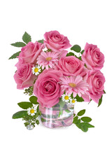 Bouquet of pink roses in a vase on a white background