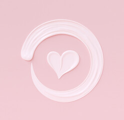 Aime le fond girly. Bannière de modèle rose pastel et blanc crème cosmétique avec forme de coeur et frottis de cadre rond. rendu 3D.
