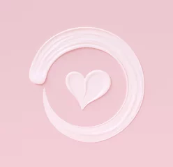 Fotobehang Meisjeskamer Liefde girly achtergrond. Cosmetische crème pastel roze en witte sjabloon banner met hartvorm en ronde frame uitstrijkjes. 3D-rendering.