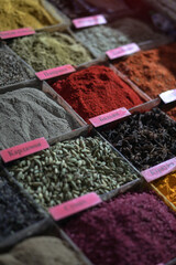 Spices on the market in Russia. Oriental seasoning for cooking. Travel theme for background.