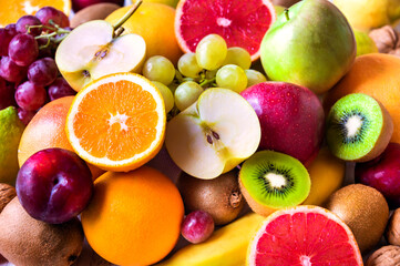 Fresh fruit, orange, apple, kiwi, grapes and other fruits