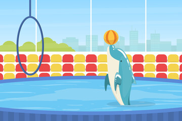 Dolphin Jumping Through Ring, Sea Animal Performing in Dolphinarium Vector Illustration