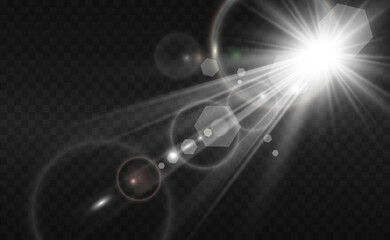 Special lens flash, light effect. The flash flashes rays and searchlight. Beautiful star Light from the rays. The sun is backlit. Bright beautiful star.
