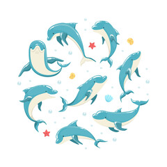 Dolphin Banner Template, Marine Sea Creature Pattern of Round Shape Vector Illustration - obrazy, fototapety, plakaty