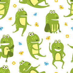 Green Funny Frog Seamless Pattern, Cute Amphibian Creature Character, Textile, Wallpaper, Packaging, Background Design Vector Illustration