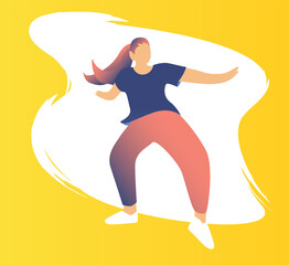 An incendiary young girl dancing to her favorite music. People dance, concept fashion illustration in motion. Exciting music party, break dance character illustration
