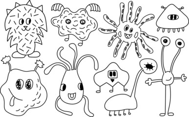Set of childish cute hand drawn monsters stickers. Perfect for kids bedroom, nursery decoration, posters and bedroom, school wall decorations.